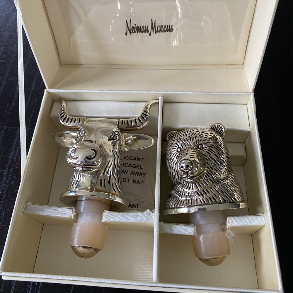 Vintage silver plated Bull and Bear bottle stoppers.
